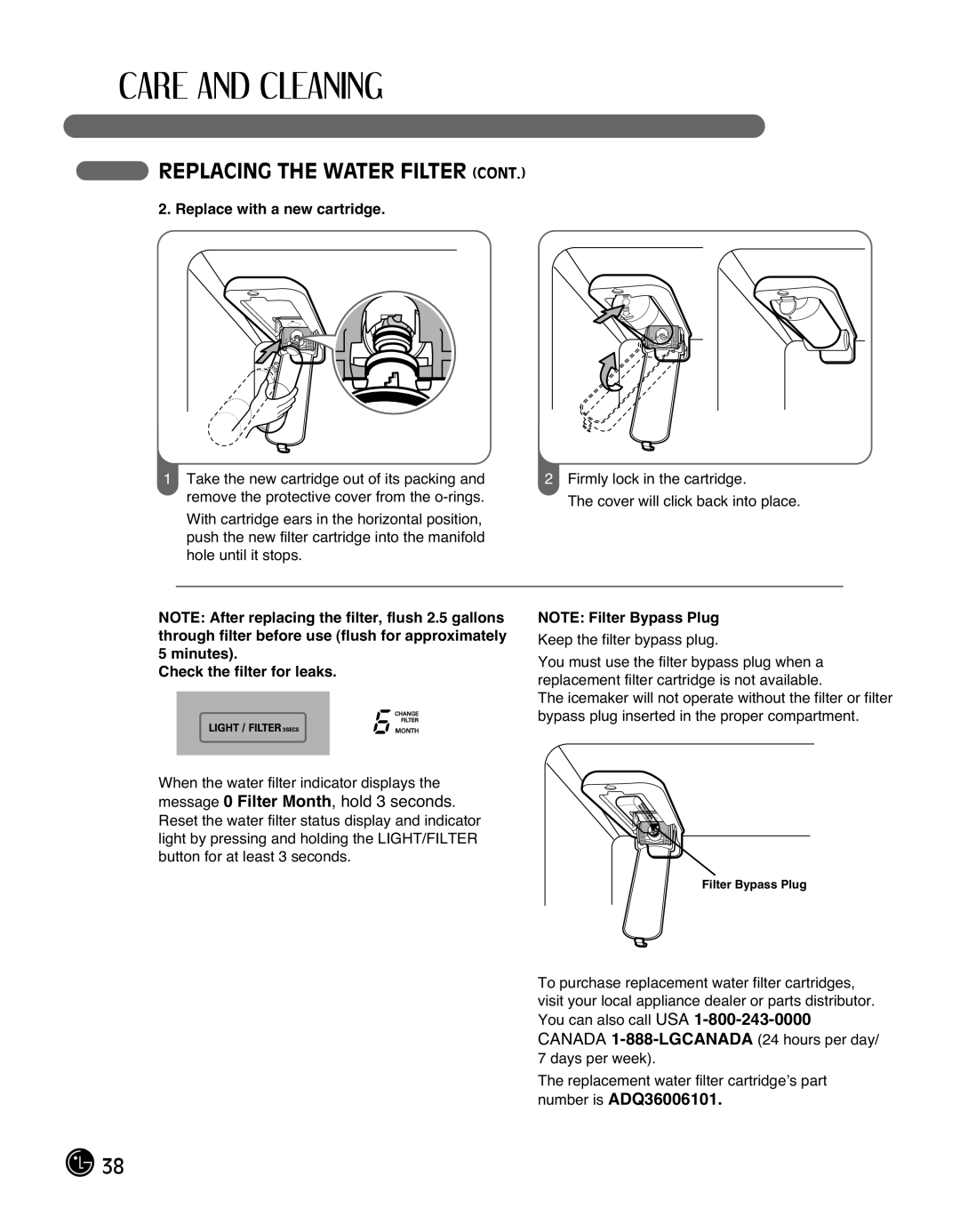 LG Electronics LMX25988ST owner manual Replace with a new cartridge, Check the filter for leaks 