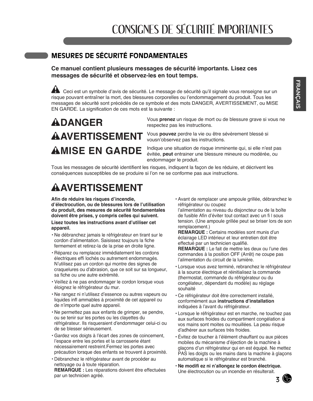 LG Electronics LMX25988ST Mesures DE Sécurité Fondamentales, Lisez toutes les instructions avant d’utiliser cet appareil 