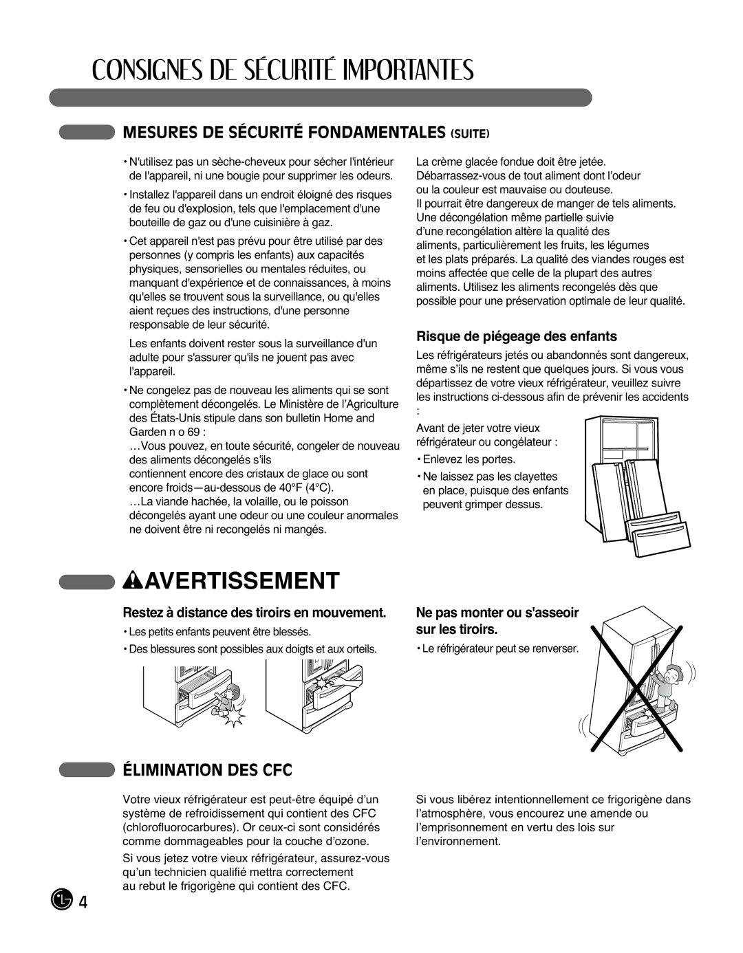 LG Electronics LMX25988ST Mesures DE Sécurité Fondamentales Suite, Élimination DES CFC, Risque de piégeage des enfants 