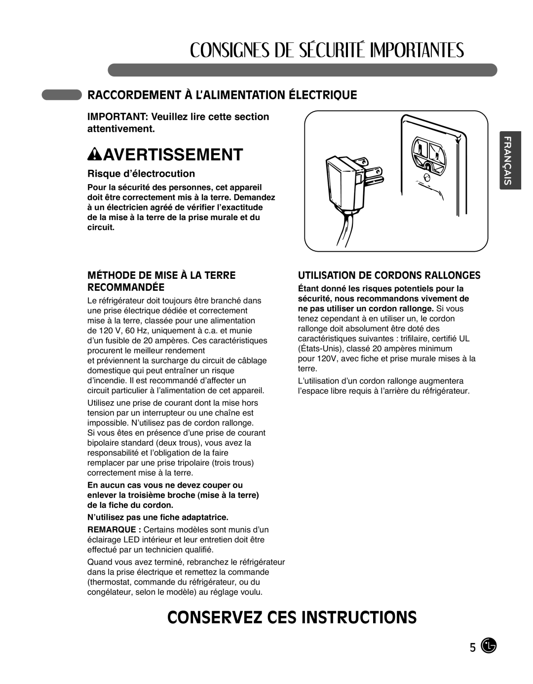 LG Electronics LMX25988ST Raccordement À L’ALIMENTATION Électrique, Important Veuillez lire cette section attentivement 