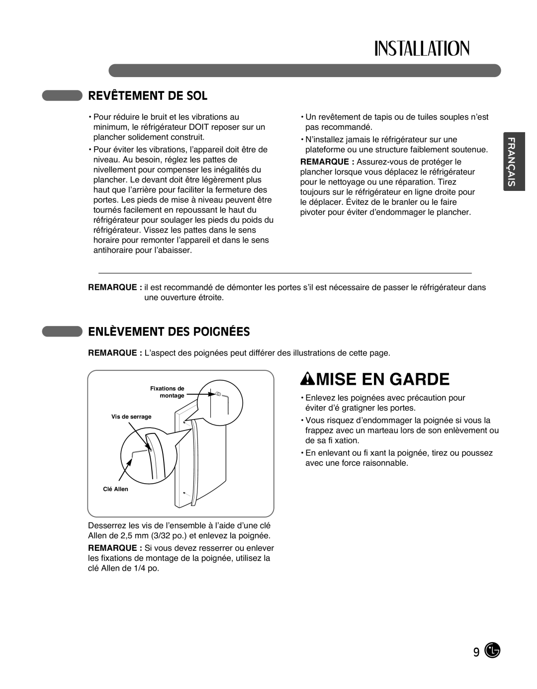 LG Electronics LMX25988ST owner manual Revêtement DE SOL, Enlèvement DES Poignées 