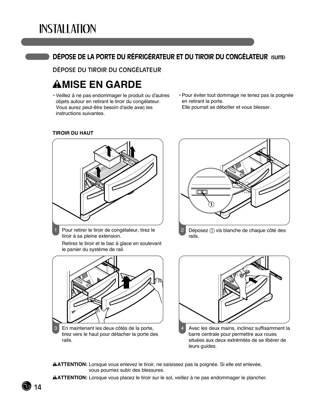 LG Electronics LMX25988ST owner manual Dépose DU Tiroir DU Congélateur, Tiroir DU Haut 