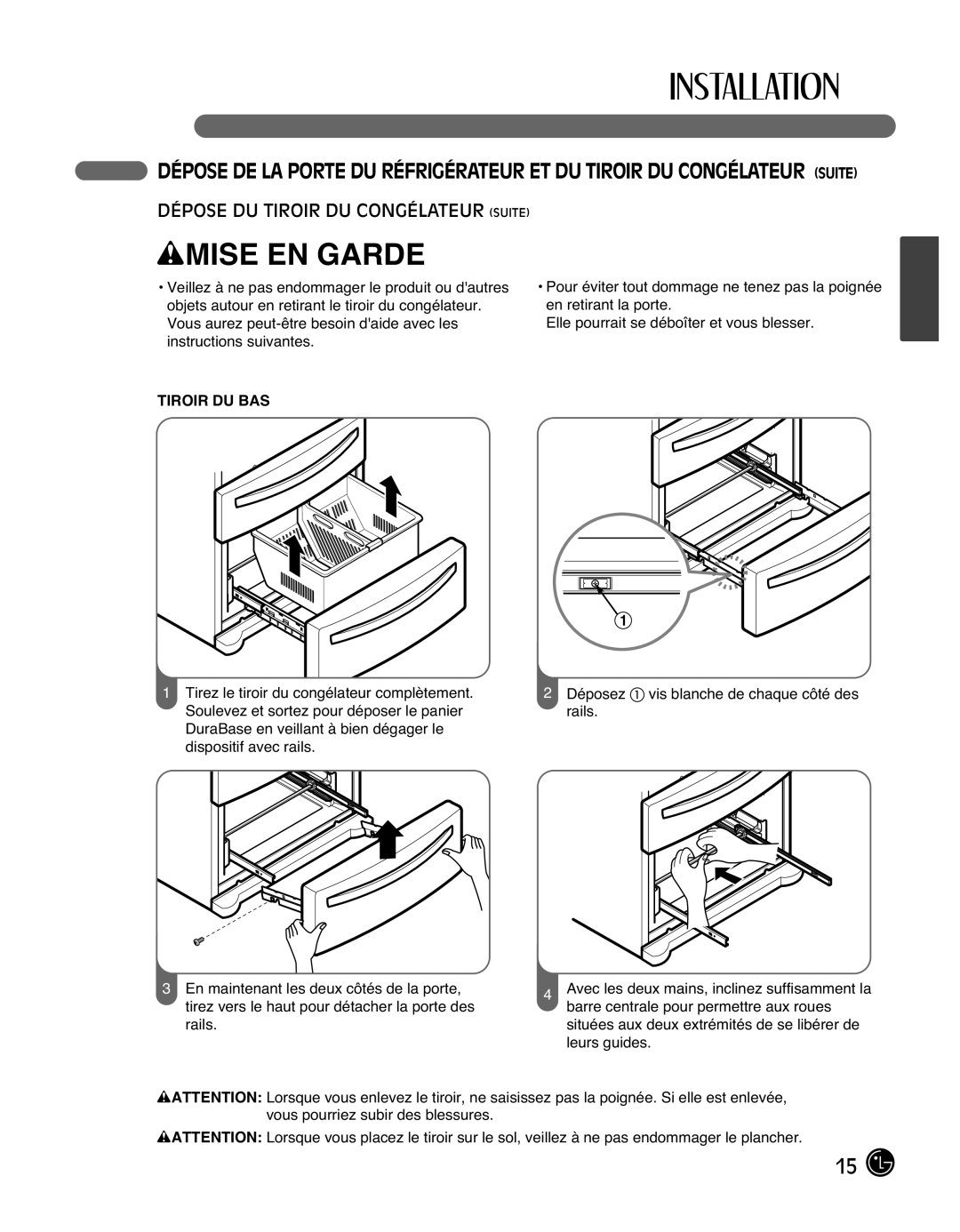 LG Electronics LMX25988ST owner manual Dépose DU Tiroir DU Congélateur Suite, Tiroir DU BAS 