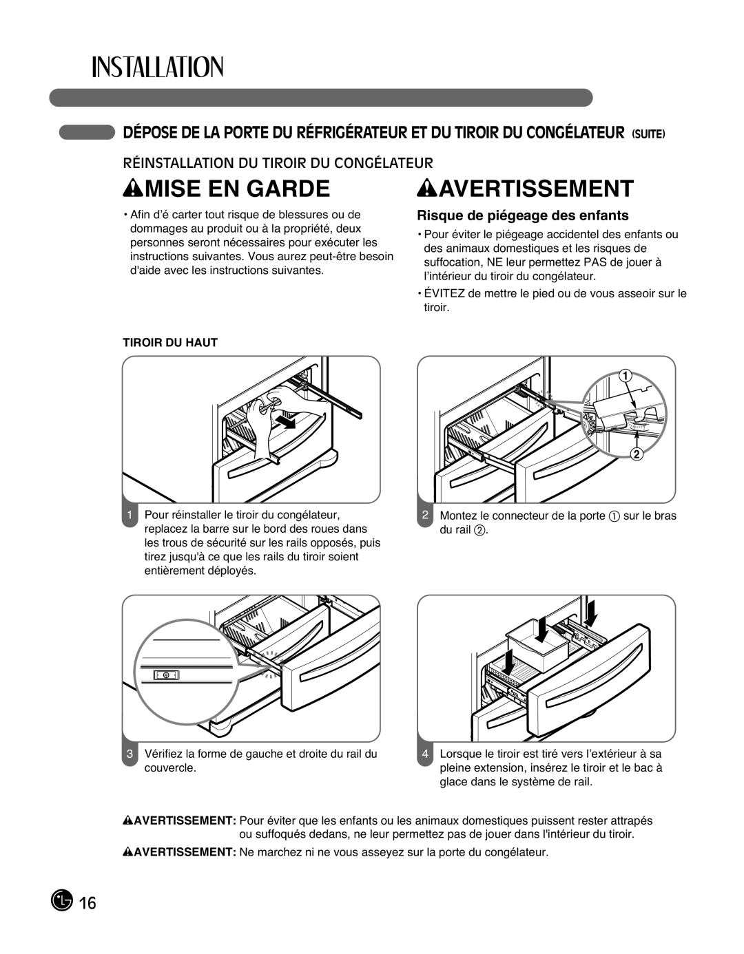 LG Electronics LMX25988ST owner manual Réinstallation DU Tiroir DU Congélateur, Risque de piégeage des enfants 