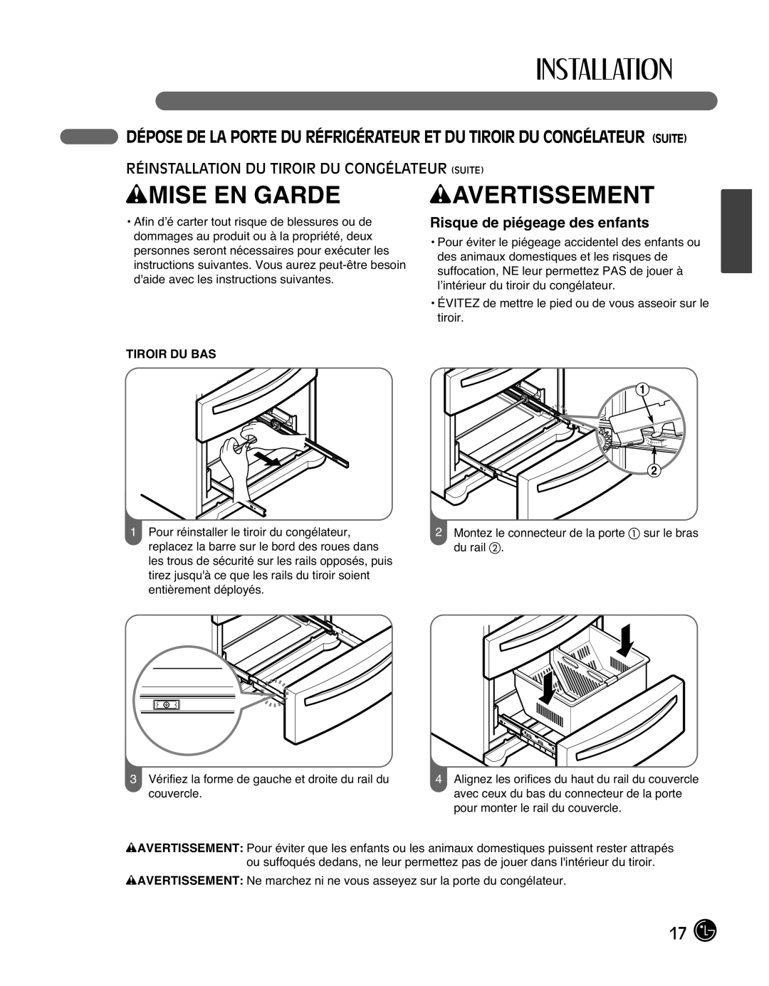 LG Electronics LMX25988ST owner manual Réinstallation DU Tiroir DU Congélateur Suite 