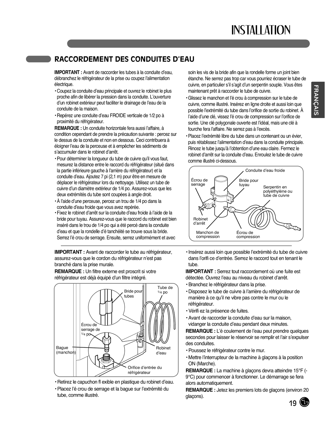 LG Electronics LMX25988ST Raccordement DES Conduites D’EAU, Remarque Un conduite horizontale fera aussi l’affaire, à 