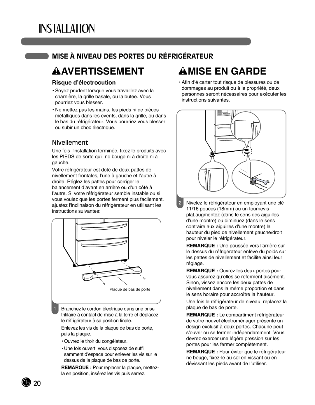 LG Electronics LMX25988ST owner manual Mise À Niveau DES Portes DU Réfrigérateur, Nivellement 