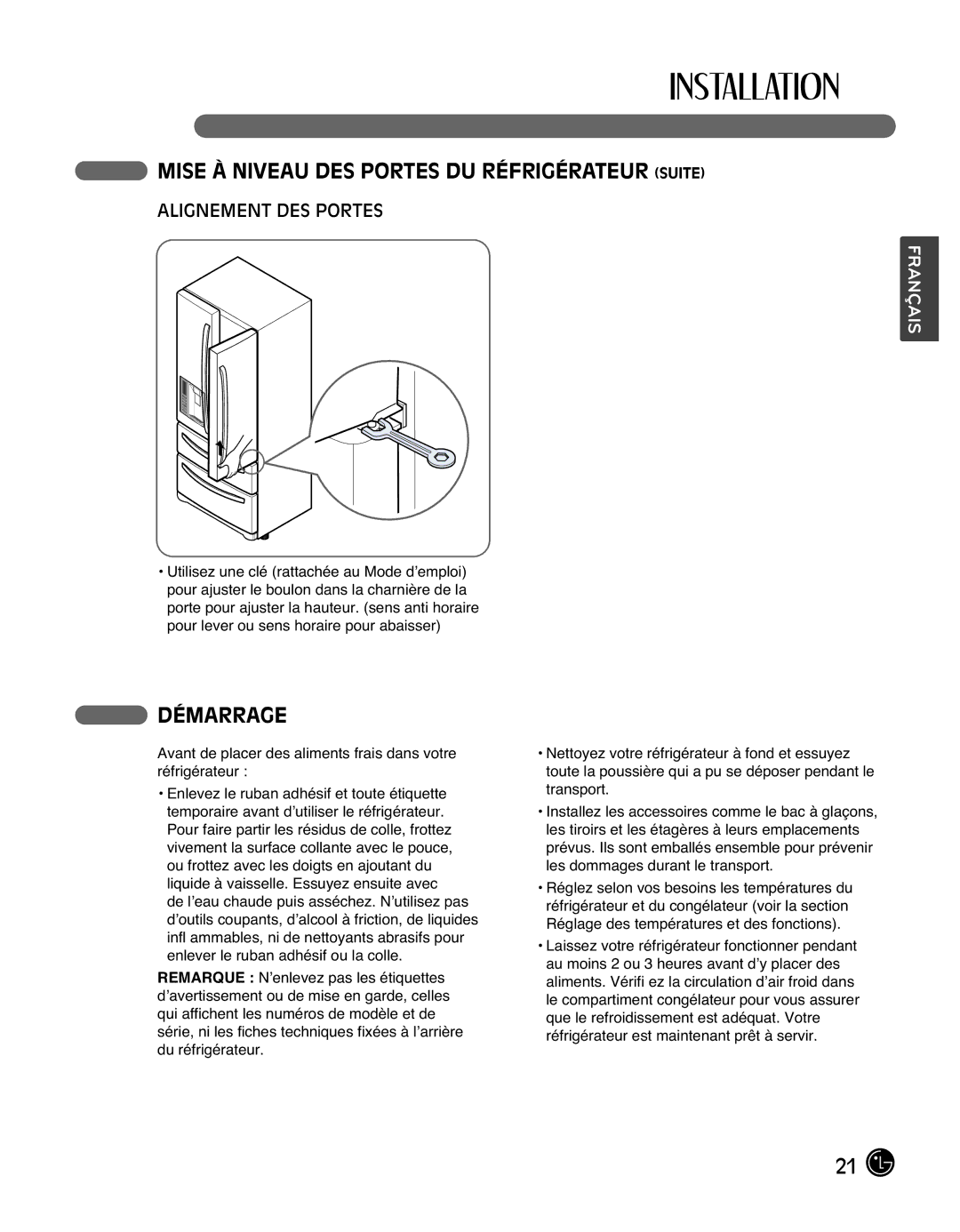 LG Electronics LMX25988ST owner manual Mise À Niveau DES Portes DU Réfrigérateur Suite, Démarrage, Alignement DES Portes 