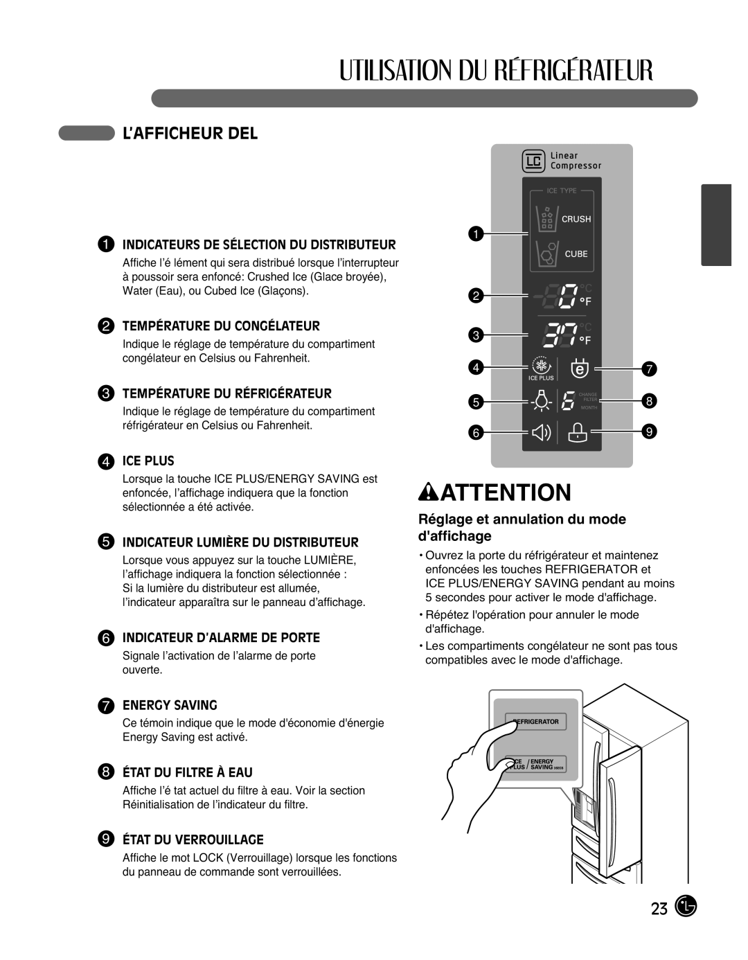 LG Electronics LMX25988ST owner manual ’Afficheur Del, Réglage et annulation du mode daffichage 