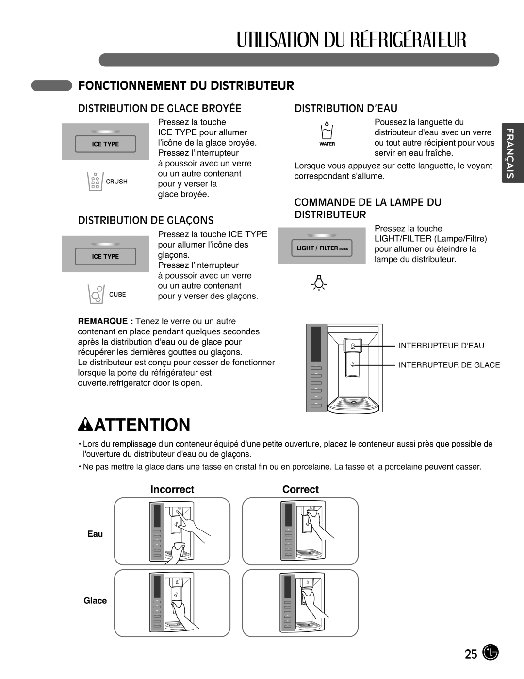 LG Electronics LMX25988ST Fonctionnement DU Distributeur, Distribution DE Glace Broyée, Distribution DE Glaçons 