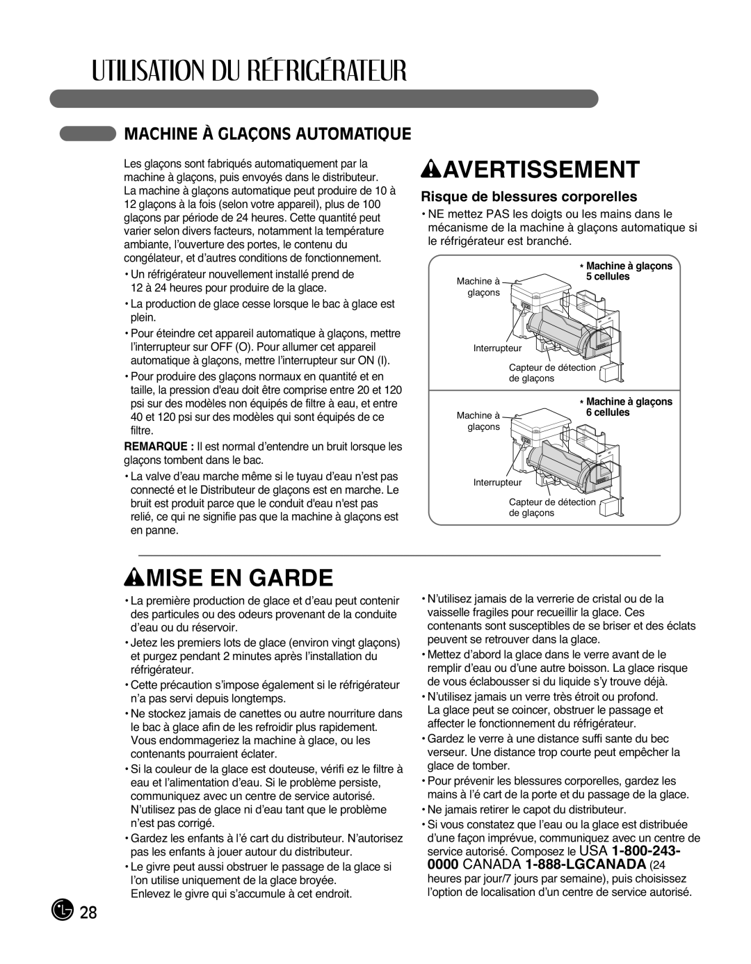 LG Electronics LMX25988ST owner manual Machine À Glaçons Automatique, Risque de blessures corporelles 