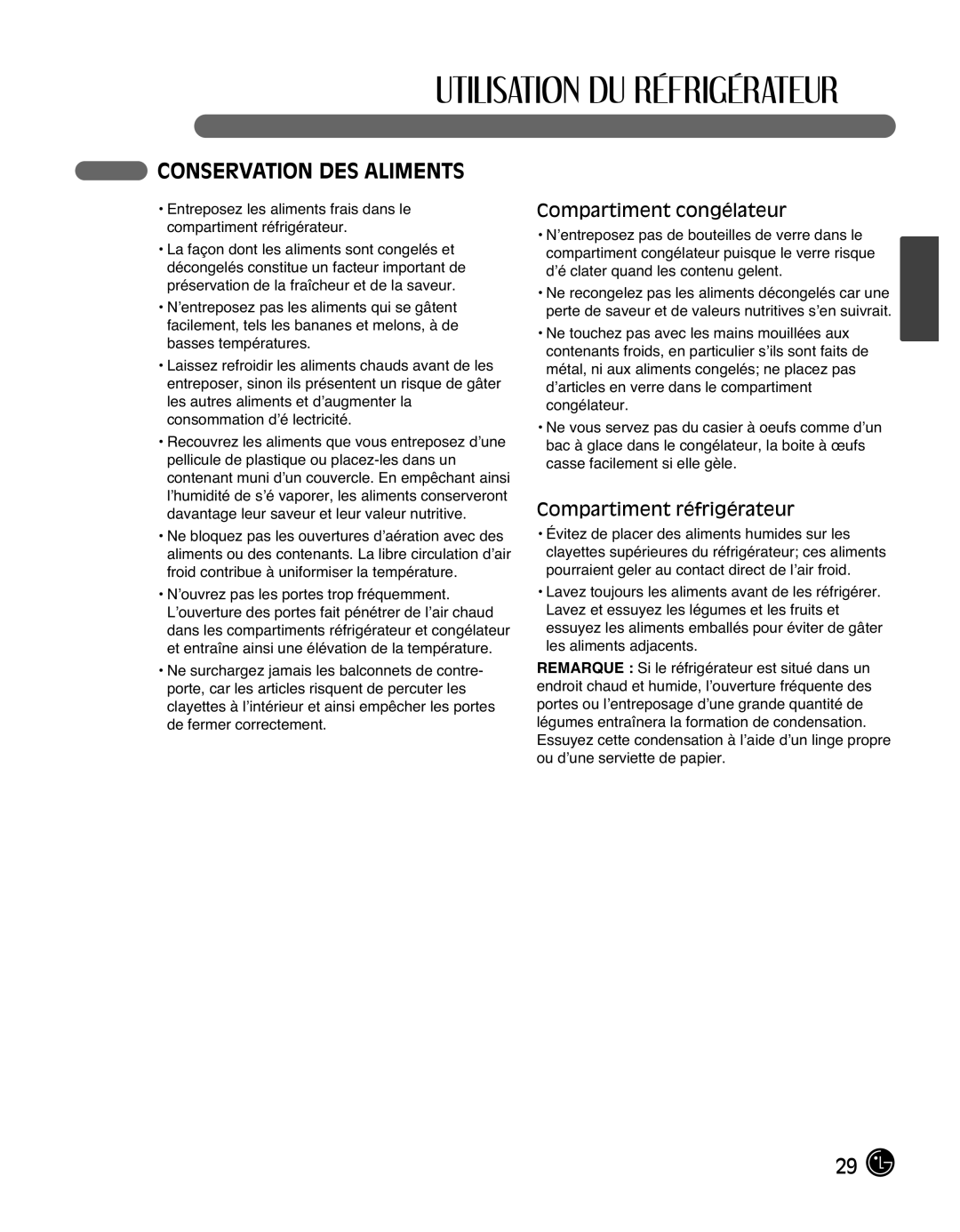 LG Electronics LMX25988ST owner manual Conservation DES Aliments, Compartiment congélateur, Compartiment réfrigérateur 