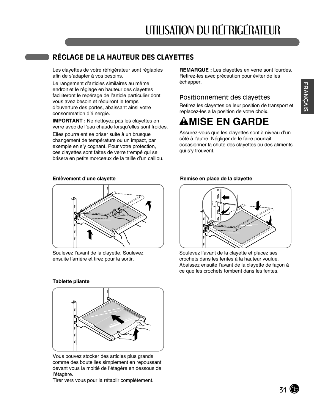 LG Electronics LMX25988ST Réglage DE LA Hauteur DES Clayettes, Positionnement des clayettes, Enlèvement d’une clayette 