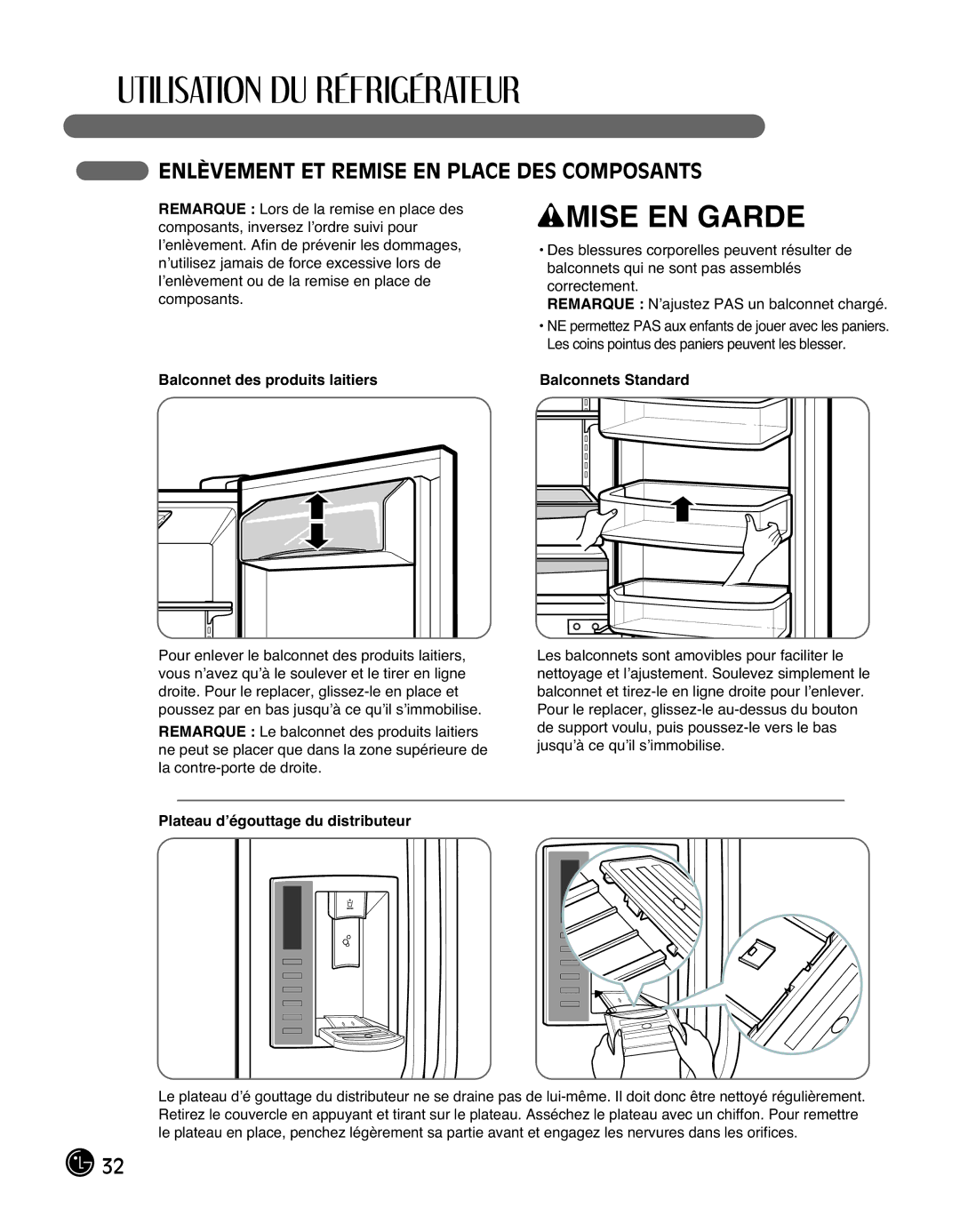 LG Electronics LMX25988ST owner manual Enlèvement ET Remise EN Place DES Composants, Plateau d’égouttage du distributeur 