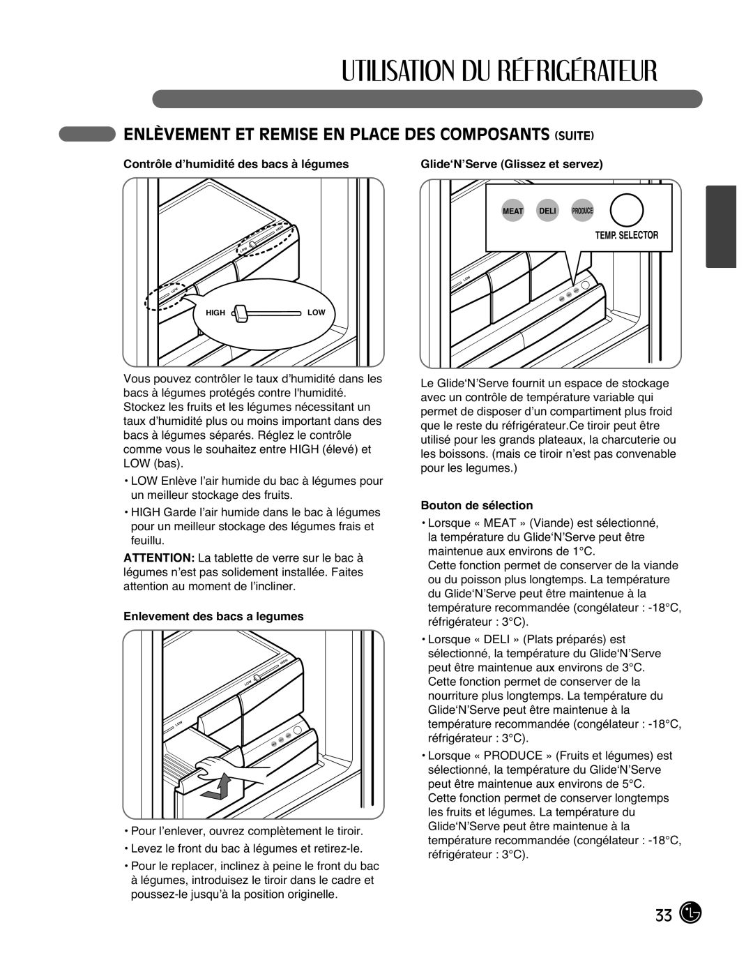 LG Electronics LMX25988ST owner manual Enlèvement ET Remise EN Place DES Composants Suite, Enlevement des bacs a legumes 