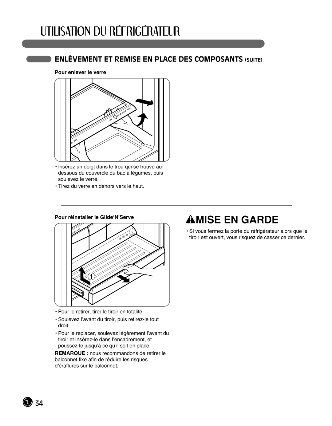 LG Electronics LMX25988ST owner manual Pour enlever le verre, Pour réinstaller le Glide‘N’Serve 