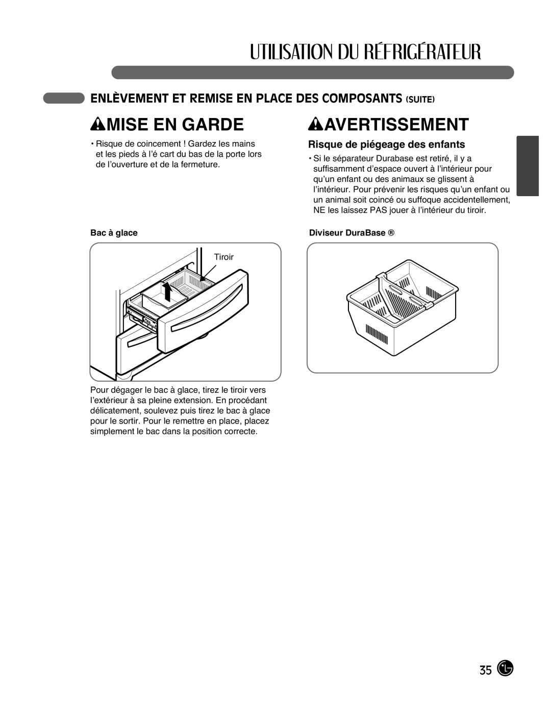 LG Electronics LMX25988ST owner manual Risque de piégeage des enfants, Bac à glace Diviseur DuraBase 