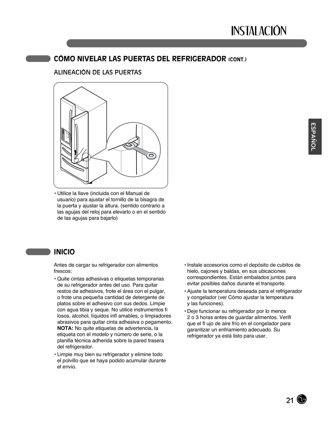LG Electronics LMX25988ST Cómo Nivelar Las Puertas Del Refrigerador Cont, Inicio, Alineación De Las Puertas, Español 