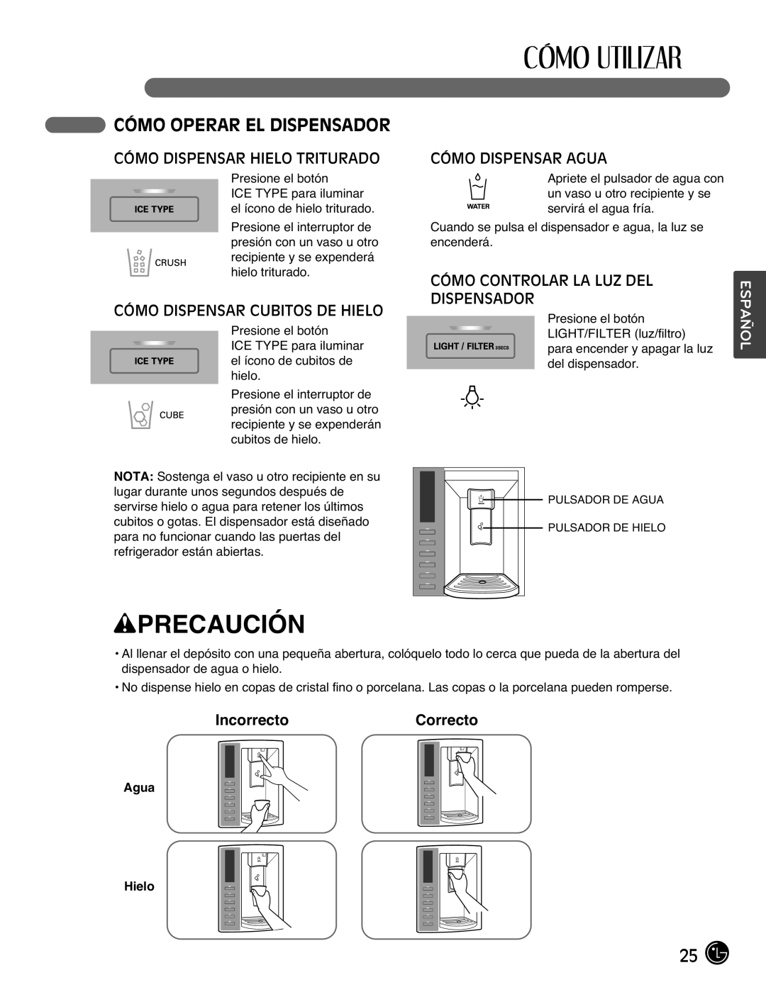 LG Electronics LMX25988ST Cómo Operar El Dispensador, Cómo Dispensar Hielo Triturado, Cómo Dispensar Cubitos De Hielo 