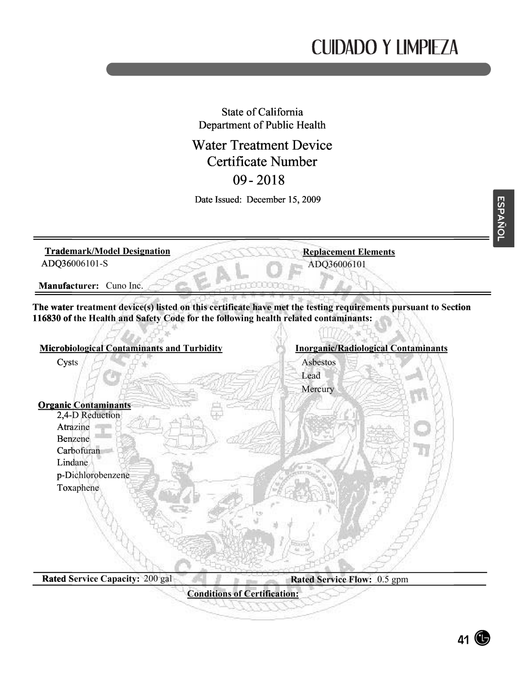 LG Electronics LMX25988ST Water Treatment Device Certificate Number, State of California Department of Public Health 