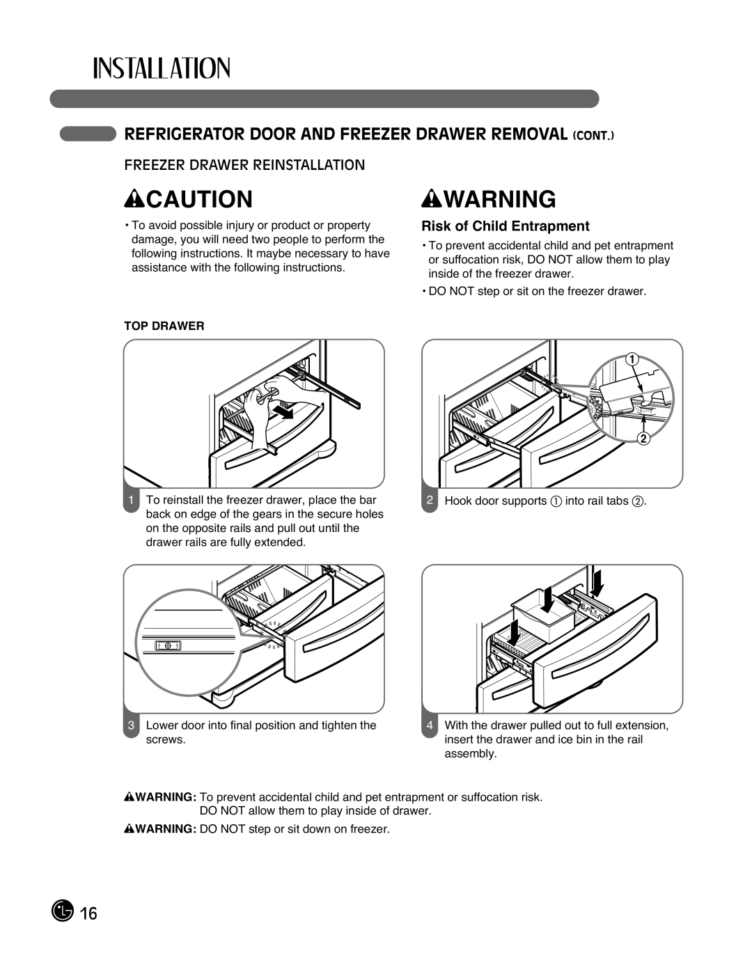 LG Electronics LMX25988ST owner manual Freezer Drawer Reinstallation, wCAUTION, wWARNING, Risk of Child Entrapment 