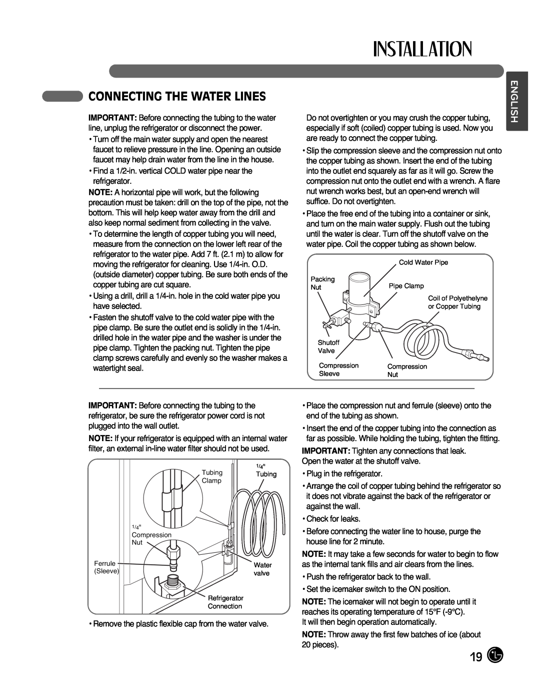 LG Electronics LMX25988ST owner manual Connecting The Water Lines, English 