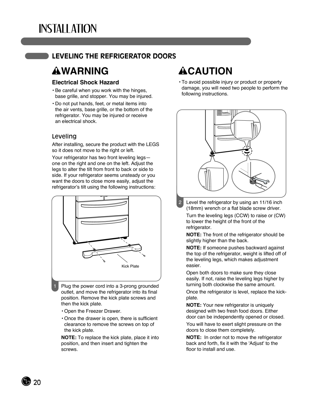 LG Electronics LMX25988ST owner manual Leveling The Refrigerator Doors, wWARNING, wCAUTION, Electrical Shock Hazard 