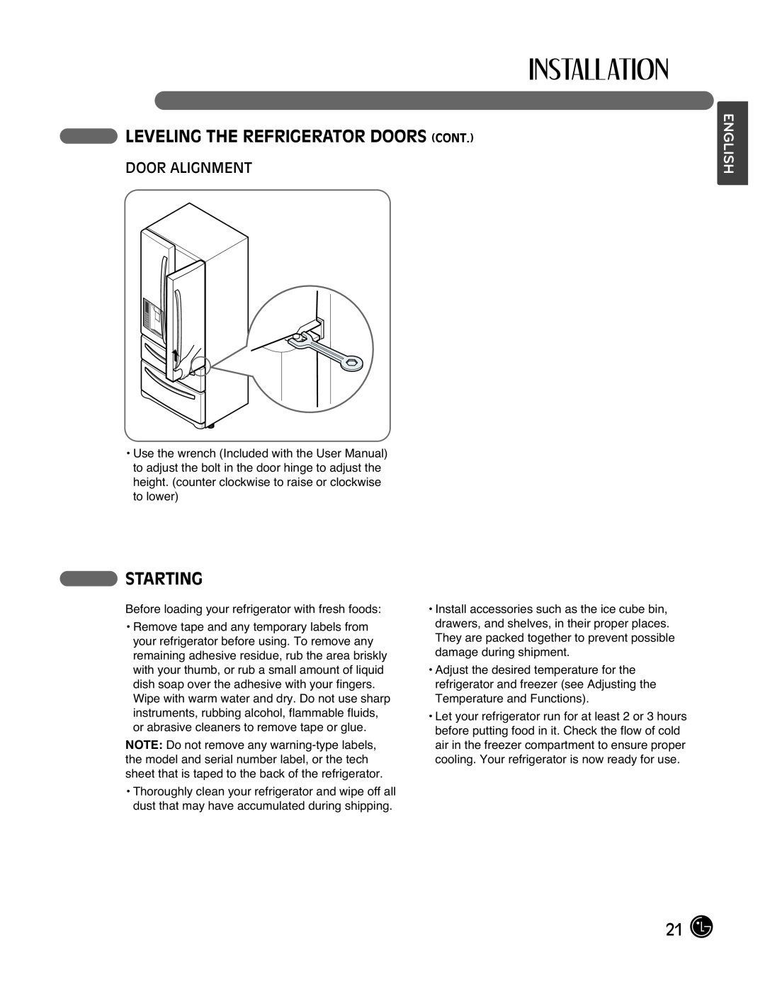 LG Electronics LMX25988ST owner manual Leveling The Refrigerator Doors Cont, Starting, Door Alignment, English 