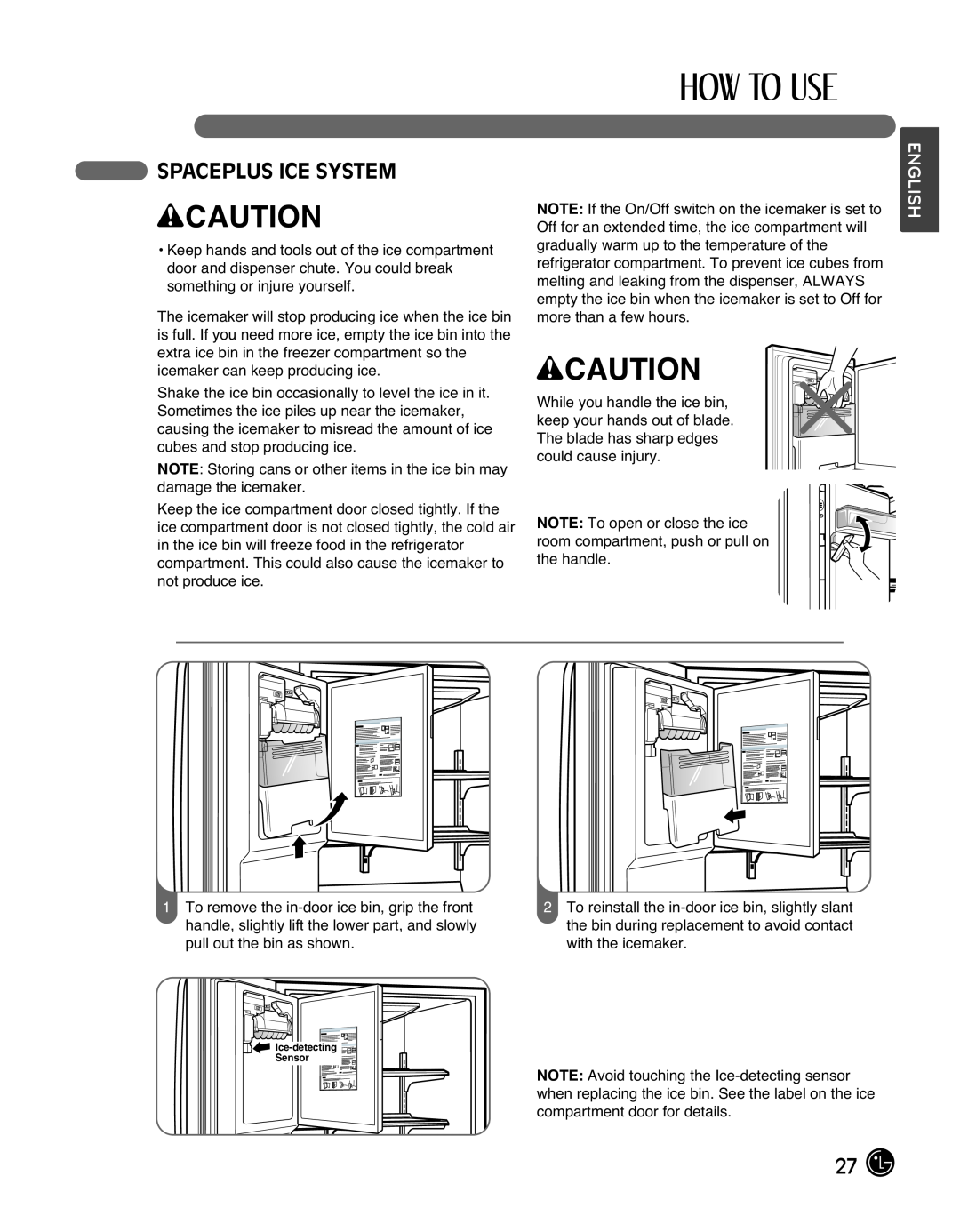 LG Electronics LMX25988ST owner manual Spaceplus Ice System, wCAUTION, English, Sensor 