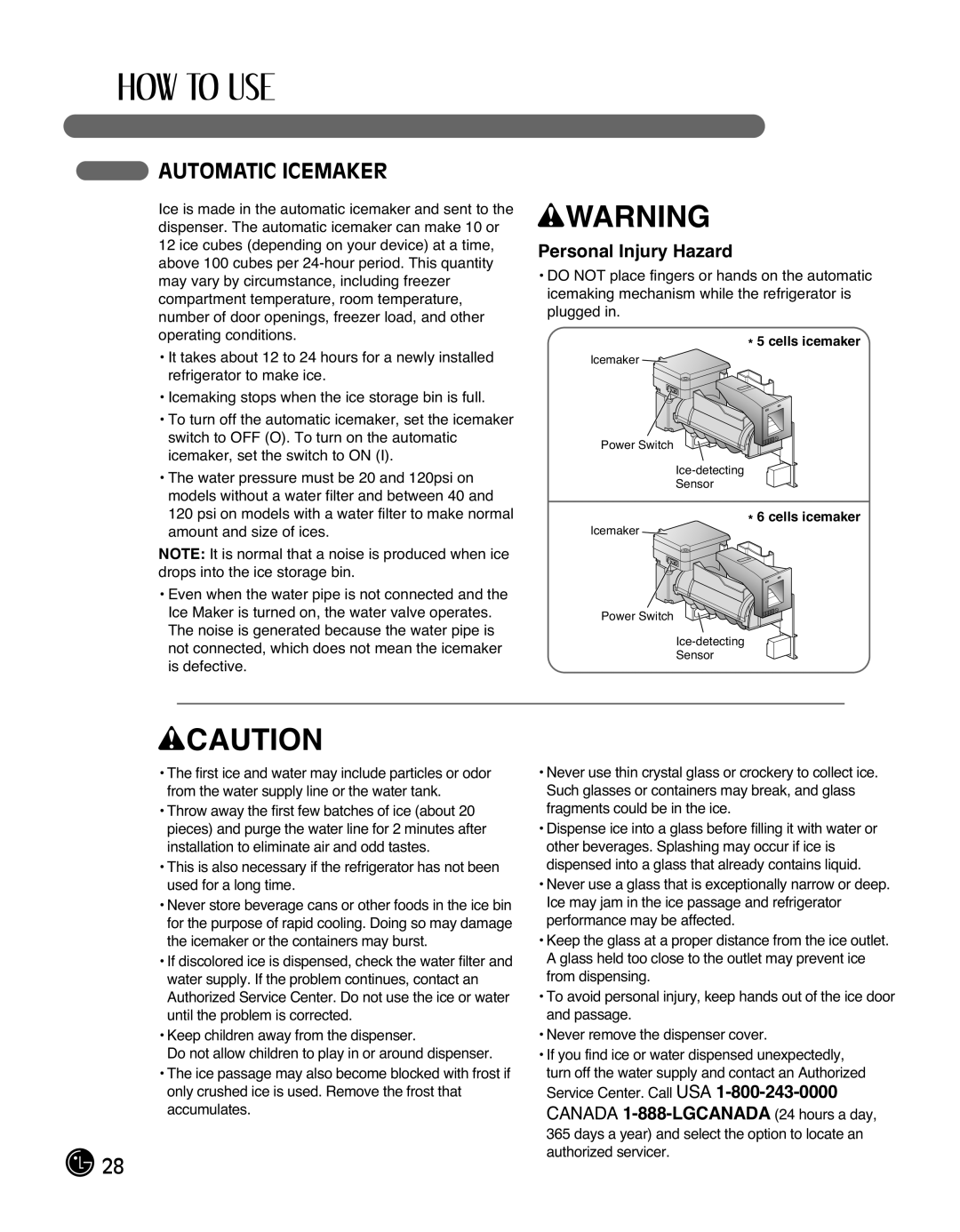 LG Electronics LMX25988ST owner manual Automatic Icemaker, Personal Injury Hazard, wWARNING, wCAUTION 