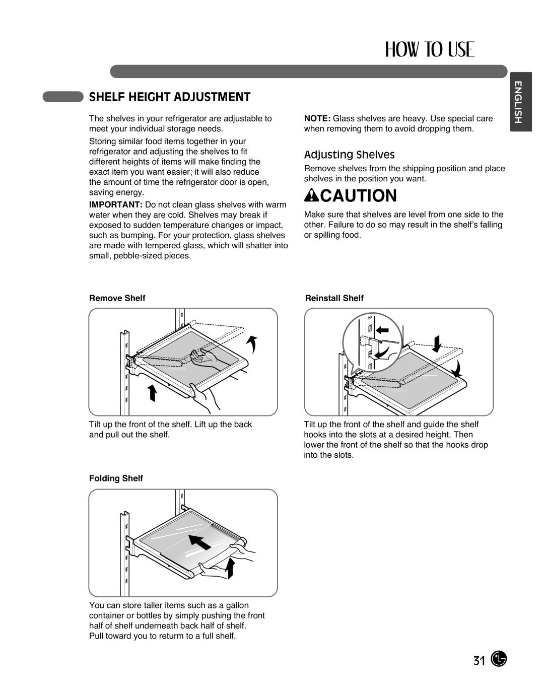 LG Electronics LMX25988ST owner manual Shelf Height Adjustment, Adjusting Shelves, wCAUTION, English 