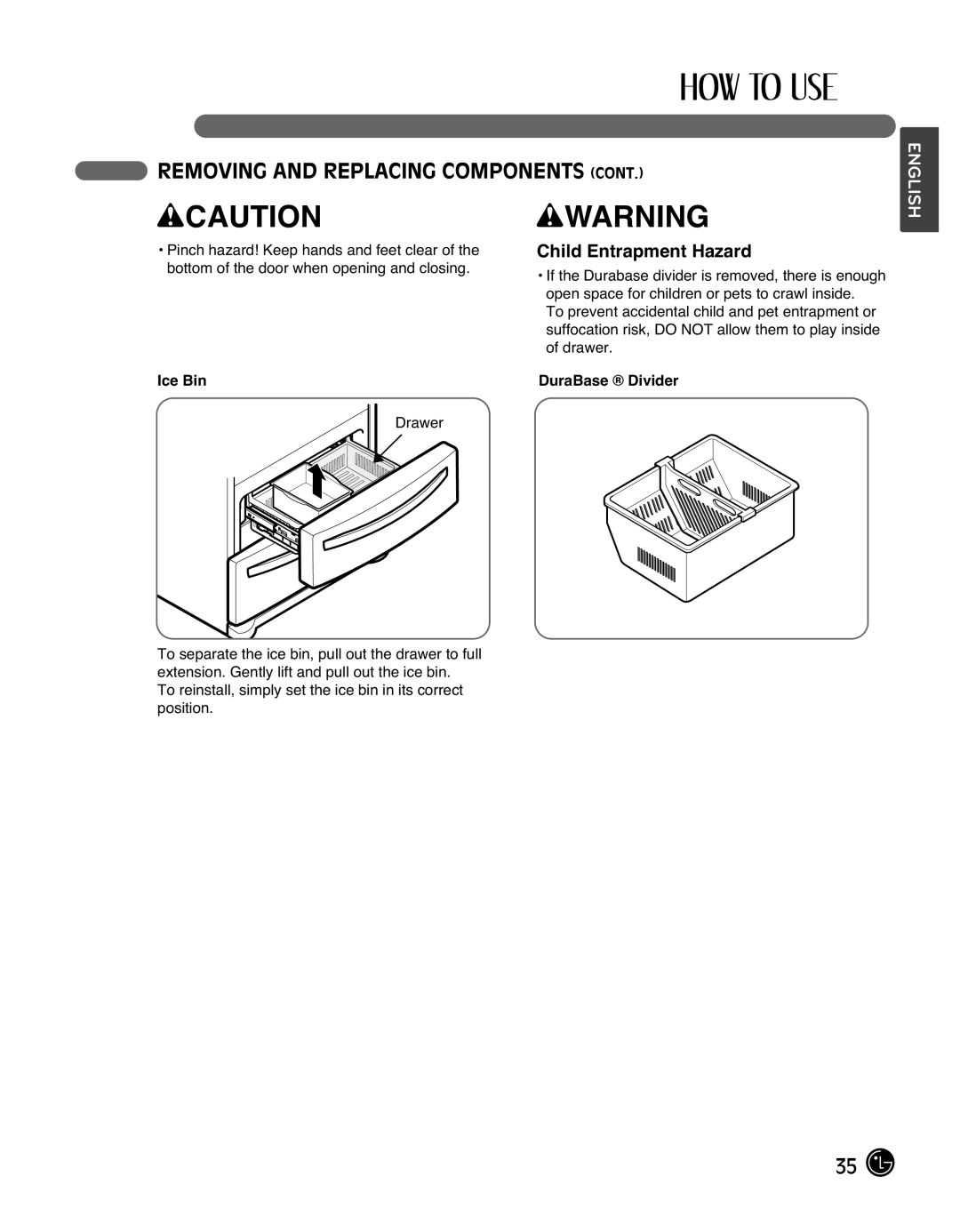 LG Electronics LMX25988ST Child Entrapment Hazard, wCAUTION, wWARNING, Removing And Replacing Components Cont, Ice Bin 
