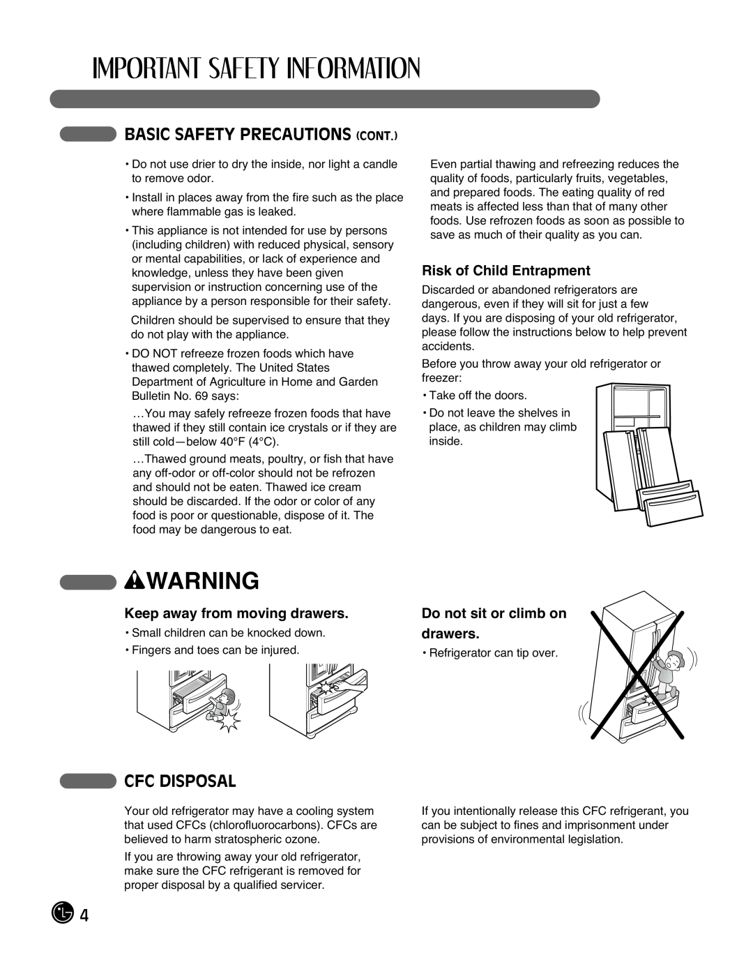 LG Electronics LMX25988ST owner manual Basic Safety Precautions Cont, Cfc Disposal, Risk of Child Entrapment, wWARNING 