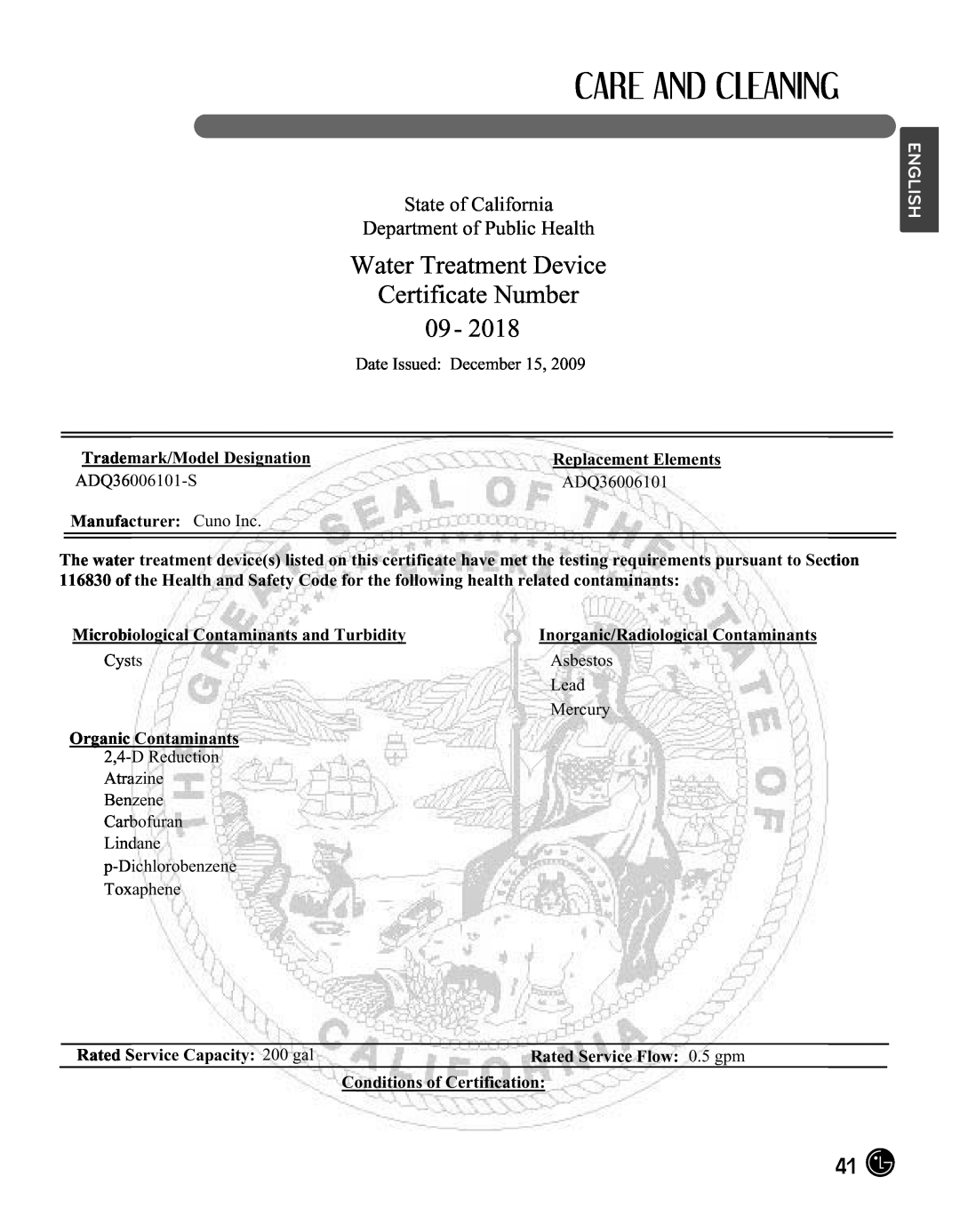 LG Electronics LMX25988ST Water Treatment Device Certificate Number, State of California Department of Public Health 
