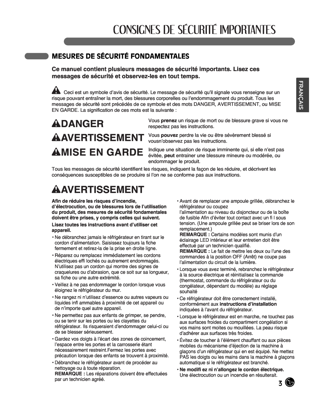 LG Electronics LMX25988ST owner manual wDANGER wAVERTISSEMENT wMISE EN GARDE, Mesures De Sécurité Fondamentales, Français 
