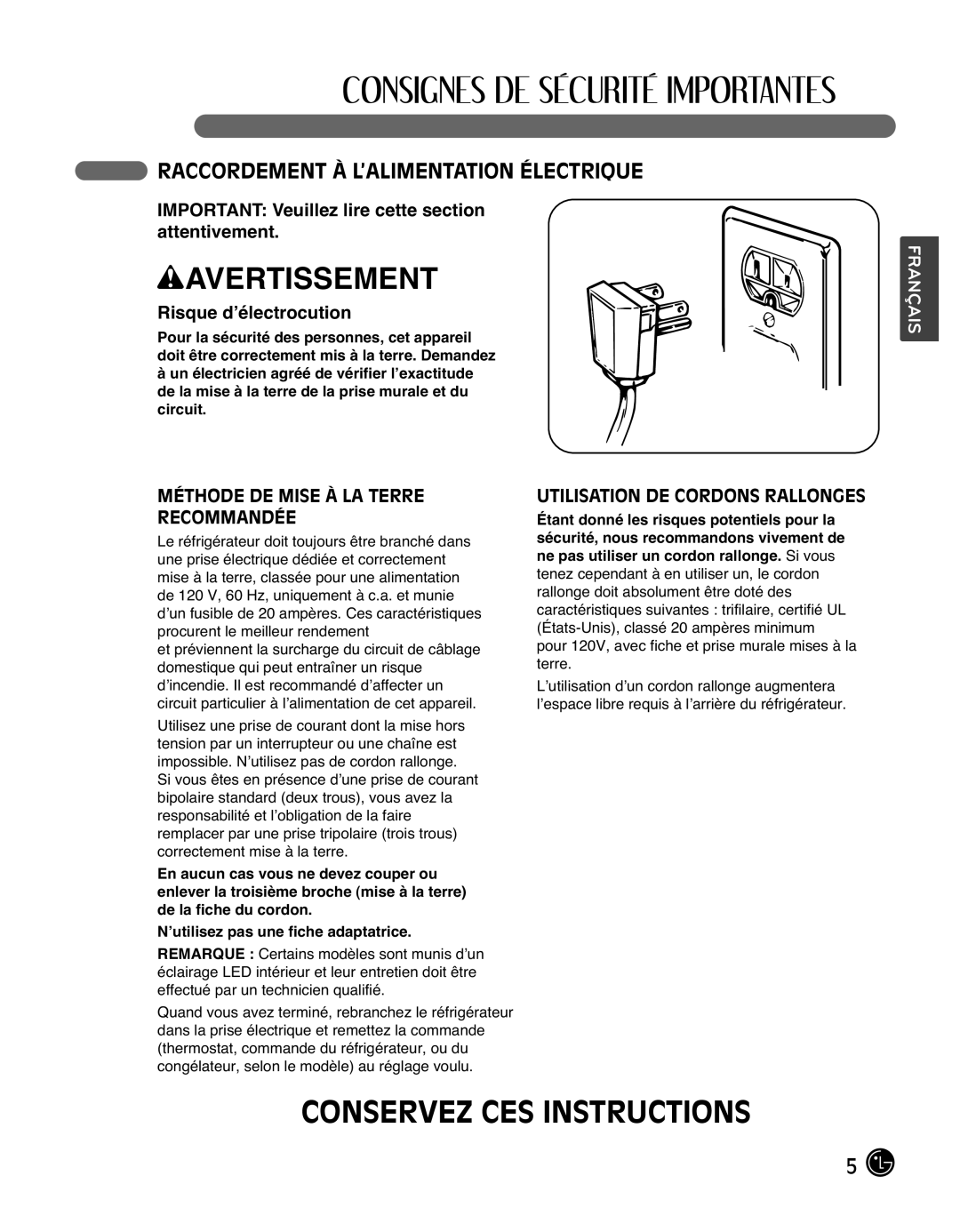 LG Electronics LMX25988ST Conservez Ces Instructions, Raccordement À L’Alimentation Électrique, Risque d’électrocution 