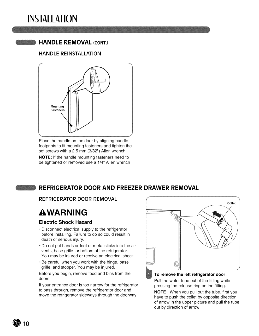 LG Electronics LMX28988 manual Refrigerator Door and Freezer Drawer Removal, Electric Shock Hazard 