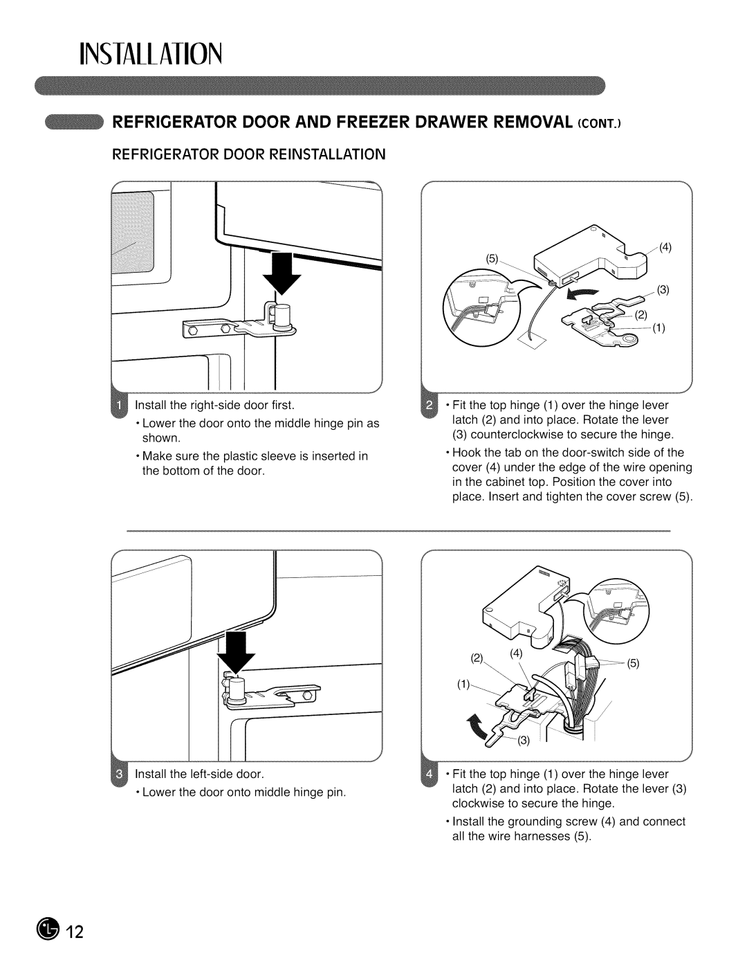 LG Electronics LMX28988 manual Refrigerator Door Reinstallation 