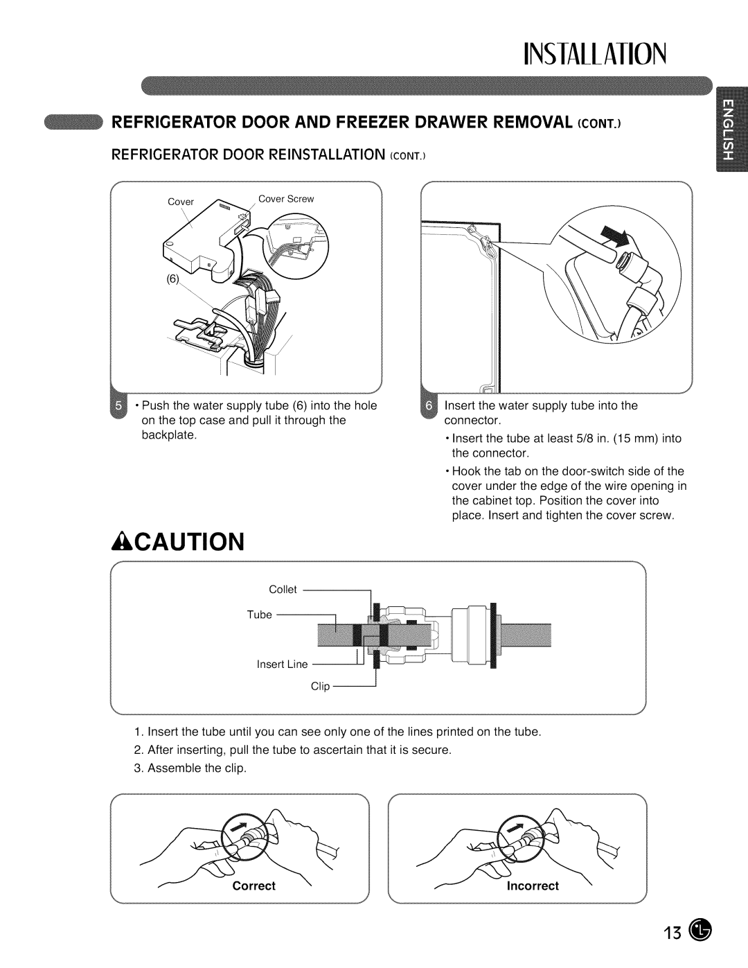 LG Electronics LMX28988 manual Refrigerator Door Reinstallation, Correct Incorrect 