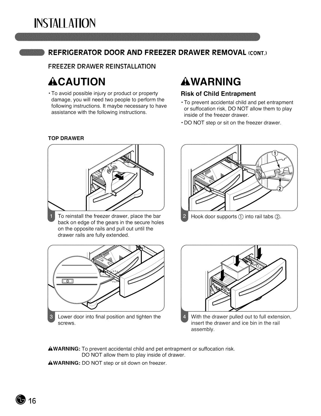 LG Electronics LMX28988 manual Freezer Drawer Reinstallation 