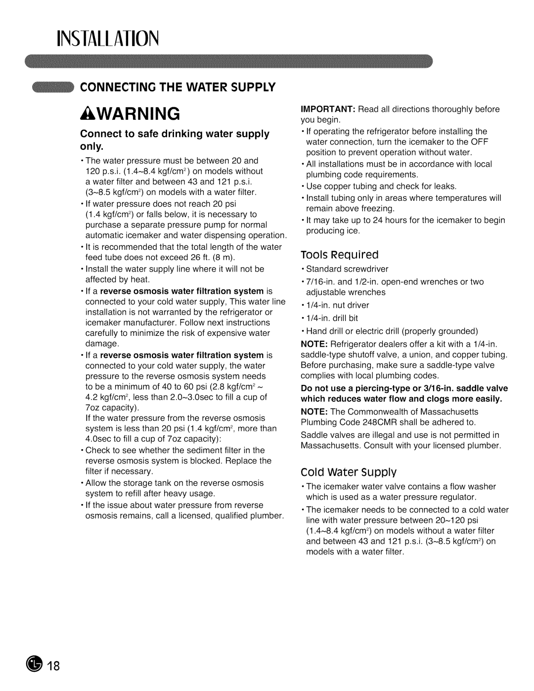 LG Electronics LMX28988 manual Connecting the Water Supply, Connect to safe drinking water supply only 