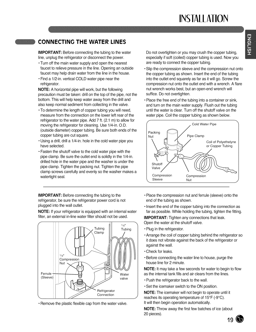 LG Electronics LMX28988 manual Connecting the Water Lines, Water pipe. Coil the copper tubing as shown below 