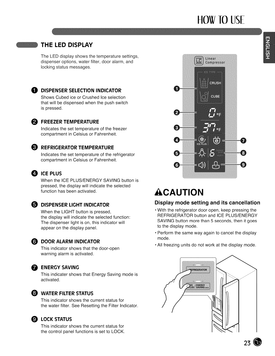 LG Electronics LMX28988 manual LED Display, Display mode setting and its cancellation, Tt Water Filter Status 