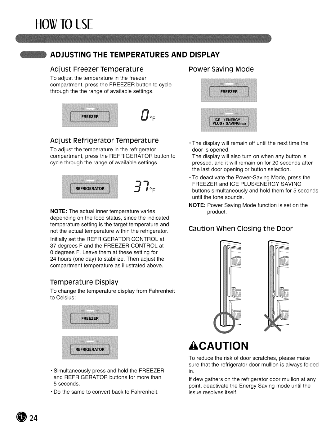 LG Electronics LMX28988 manual Adjusting the Temperatures and Display, Adjust Freezer Temperature Power Saving Mode 