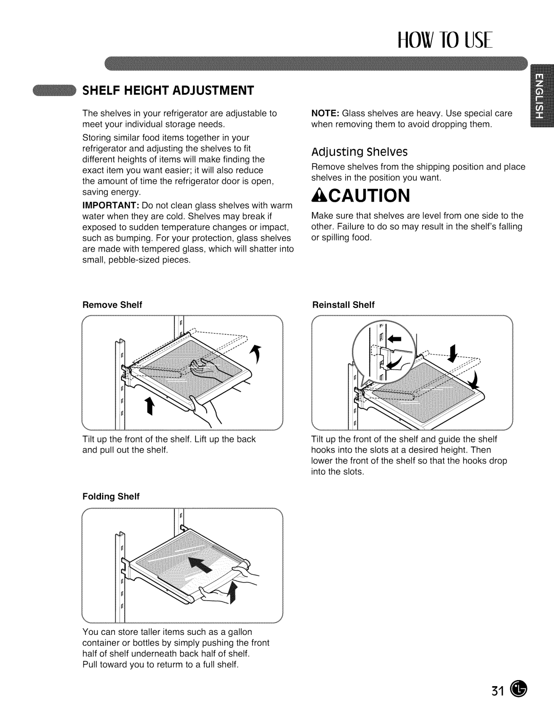 LG Electronics LMX28988 manual Shelf Height Adjustment, Remove Shelf, Folding Shelf, Reinstall Shelf 