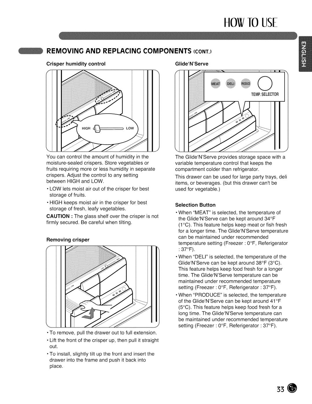 LG Electronics LMX28988 manual Cris er humidity control GlideNServe, Removing crisper, Selection Button 