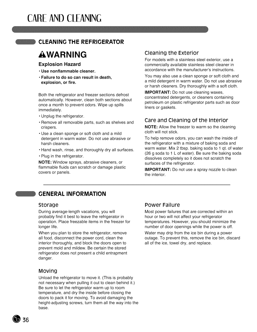 LG Electronics LMX28988 manual Cleaning the Refrigerator, General Information, Explosion Hazard, Moving 