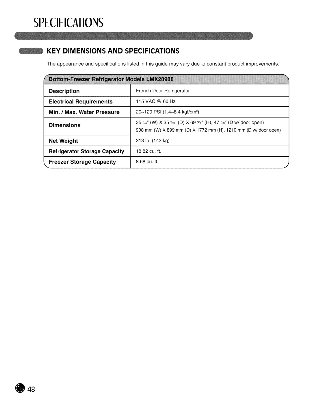 LG Electronics LMX28988 manual Specificaiions, KEY Dimensions and Specifications 