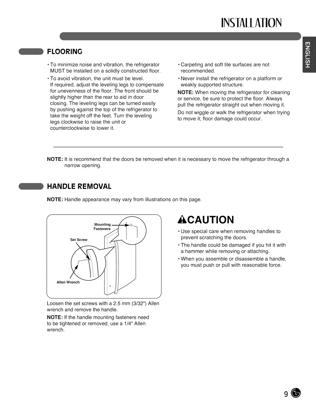 LG Electronics LMX28988 manual Flooring, Handle Removal 