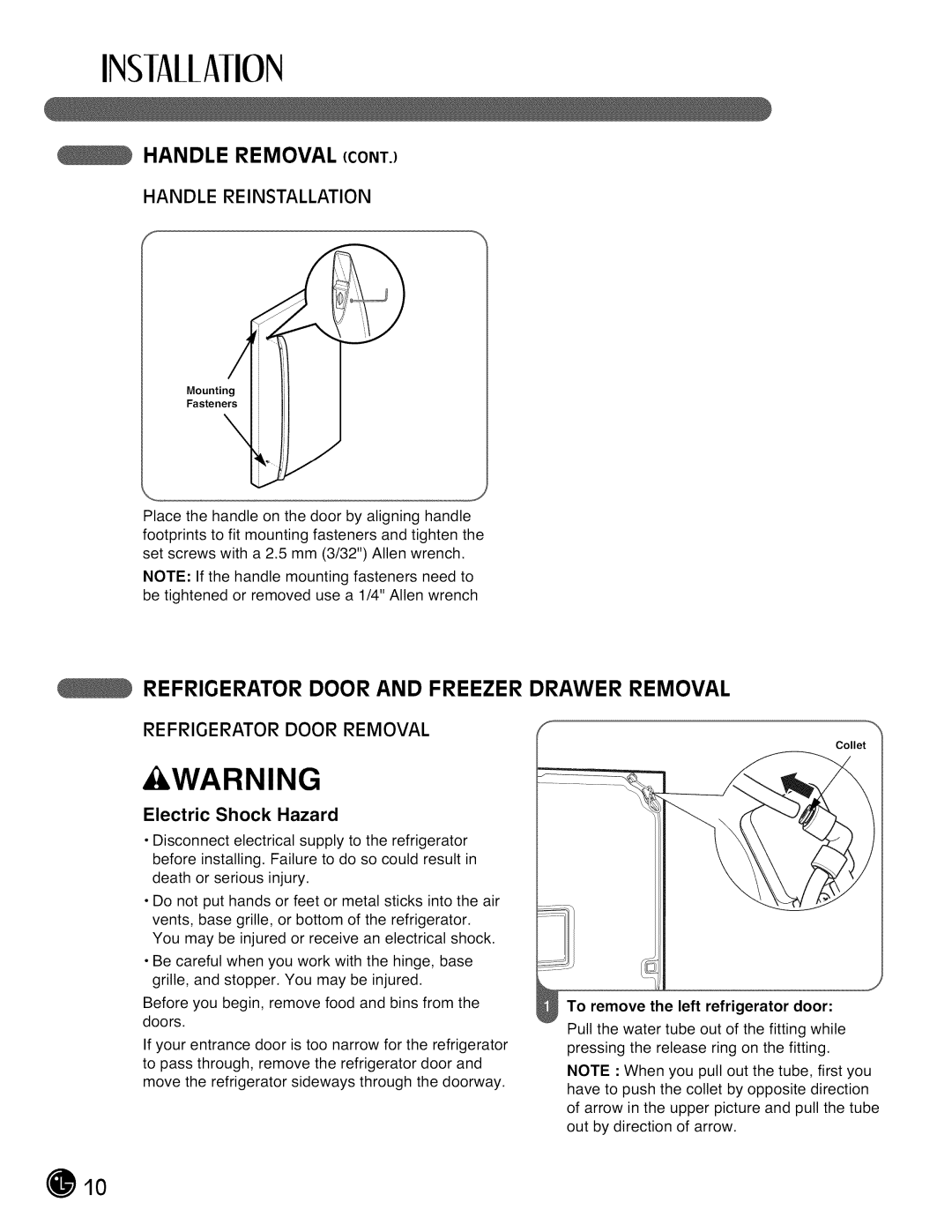LG Electronics LMX28988 Handle Removal Cont, Refrigerator Door And Freezer Drawer Removal, Handle Reinstallation, Warning 